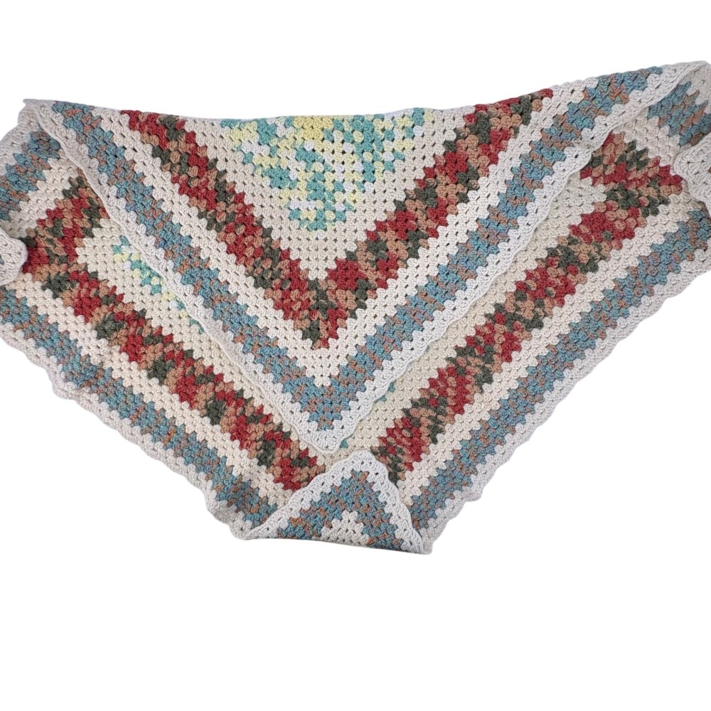 Handmade Crochet Granny Square Blanket Scalloped Edge Earthy Pastel Throw Boho